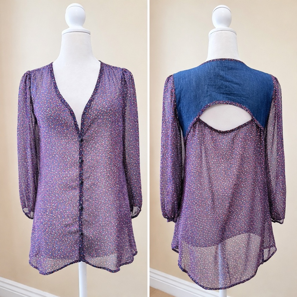 Lily Rose Sheer Boho Blouse Denim Cutout Flowy Tunic Size Small